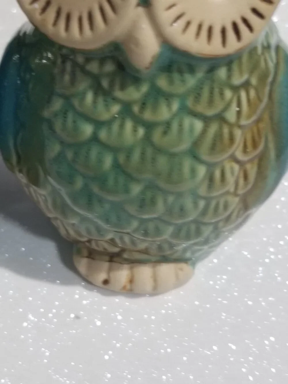 Vintage Ceramic Owl Salt & Pepper Shakers Green Blue Glazed Stoneware Pair